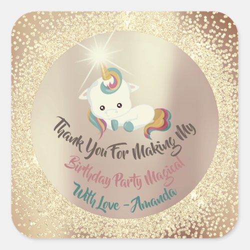 Unicorn Pony Thanks Favor Glitter Spark Gold Square Sticker