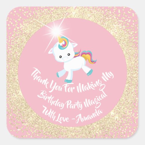 Unicorn Pony Thanks Favor Pink Pastel Sparkly Gold Square Sticker