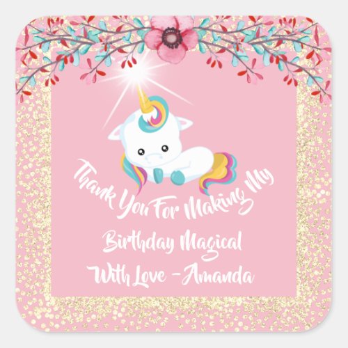 Unicorn Pony Thanks Favor Rose Gold Sparkly Floral Square Sticker