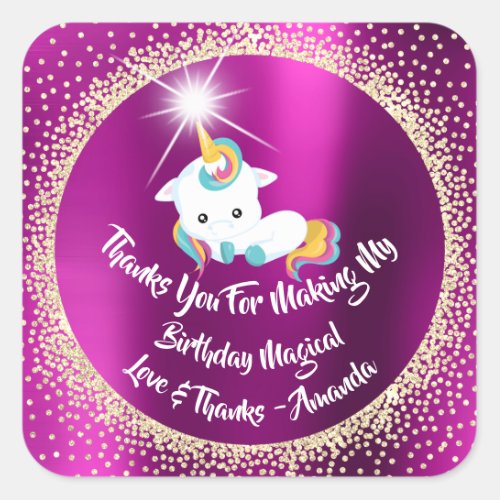 Unicorn Pony Thanks Favor Spark Glitter Rainbow Square Sticker