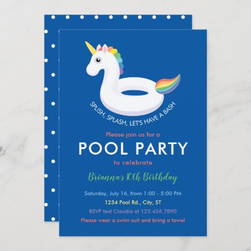 Unicorn Pool Float Pool Party Birthday Invitation