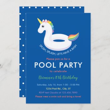 Unicorn Pool Float Pool Party Birthday Invitation by marlenedesigner at Zazzle