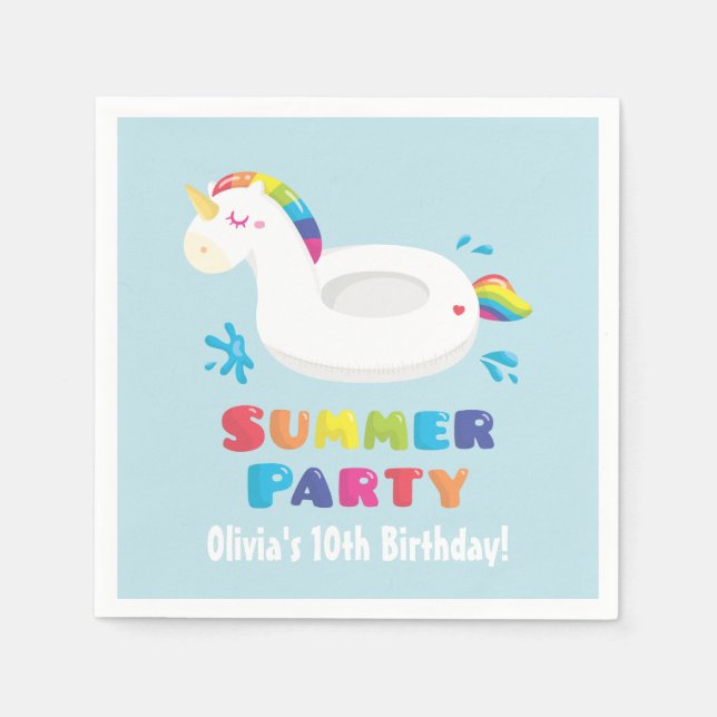 Unicorn Pool Float Summer Birthday Party Napkins (Front)
