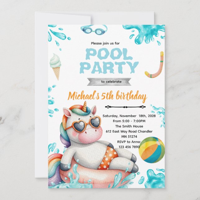 Unicorn Pool Party Birthday Invitation (Front)