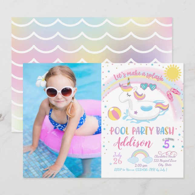 Unicorn Pool Party Birthday Invitation (Front/Back)