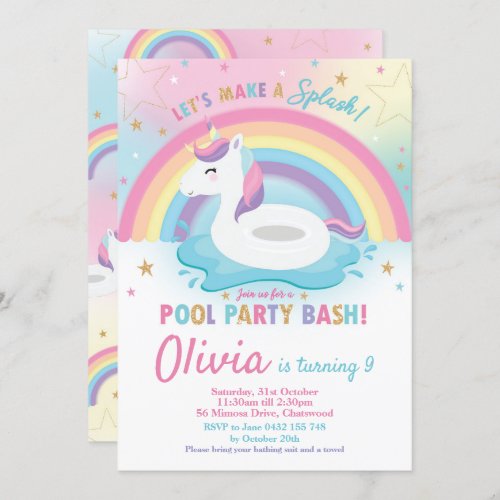Unicorn Pool Party Birthday Invitation Girls