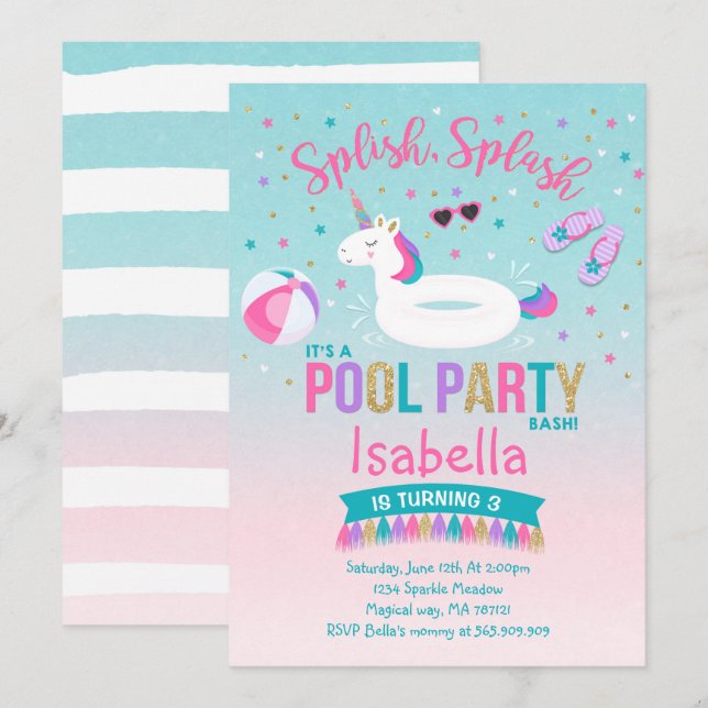 Unicorn Pool Party Birthday Invitation Pink Gold (Front/Back)