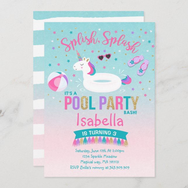Unicorn Pool Party Birthday Invitation Pink Gold (Front/Back)