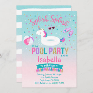 Unicorn Pool Party Birthday Invitation Pink Gold