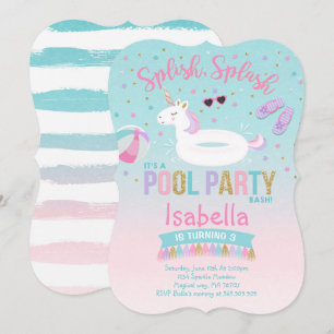 Unicorn Pool Party Birthday Invitation Pink Gold