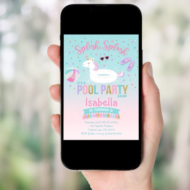 Unicorn Pool Party Birthday Invitation Pink Gold (Front Digital)
