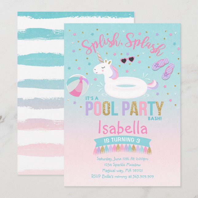 Unicorn Pool Party Birthday Invitation Pink Gold (Front/Back)