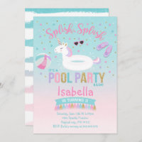 Unicorn Pool Party Birthday Invitation Pink Gold