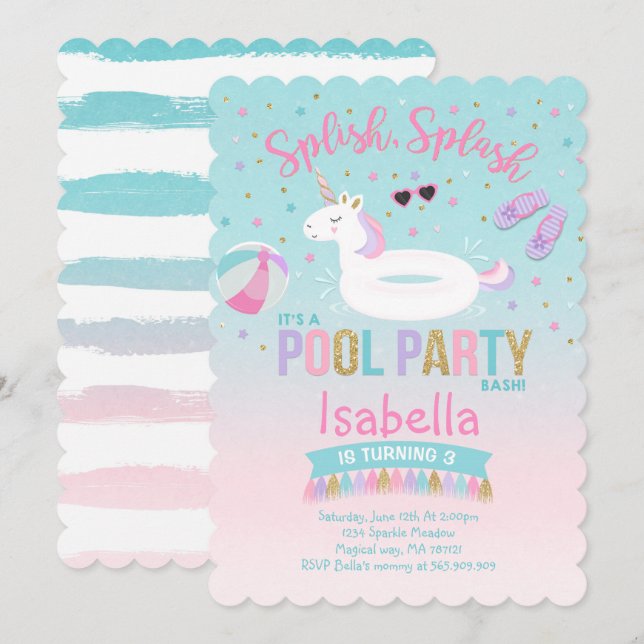 Unicorn Pool Party Birthday Invitation Pink Gold (Front/Back)