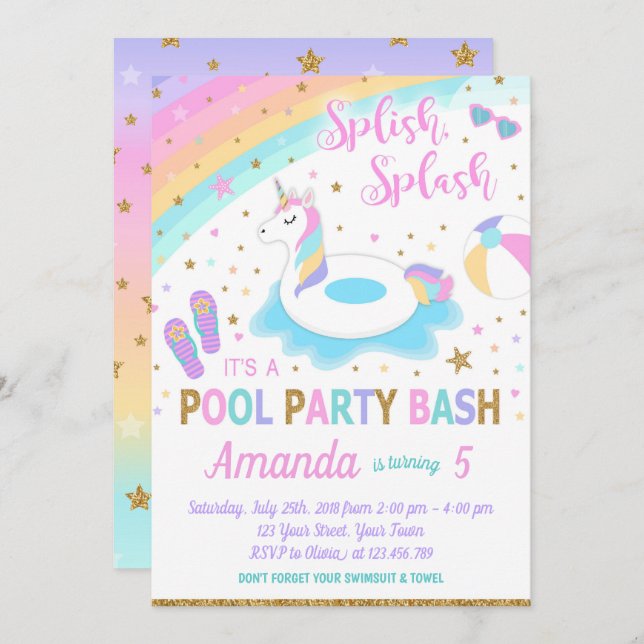 Unicorn Pool Party Birthday Invitation Pink & Gold (Front/Back)