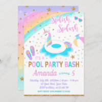 Unicorn Pool Party Birthday Invitation Pink & Gold