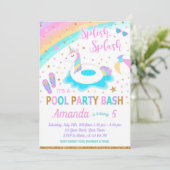 Unicorn Pool Party Birthday Invitation Pink & Gold (Standing Front)