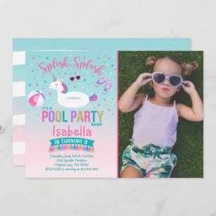 Unicorn Pool Party Birthday Invitation Pink Gold