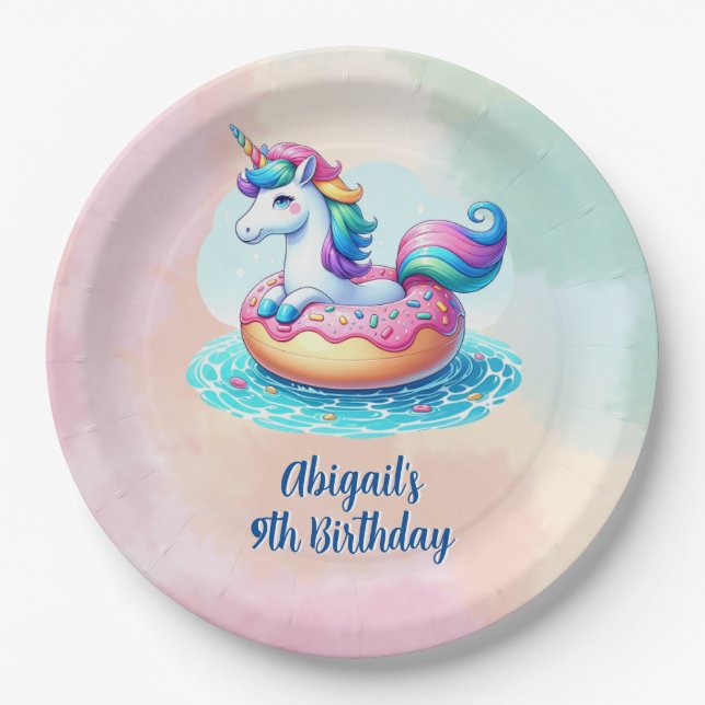 Unicorn Pool Party Birthday  Paper Plates (Front)