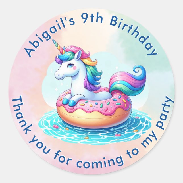 Unicorn Pool Party Birthday Sticker (Front)