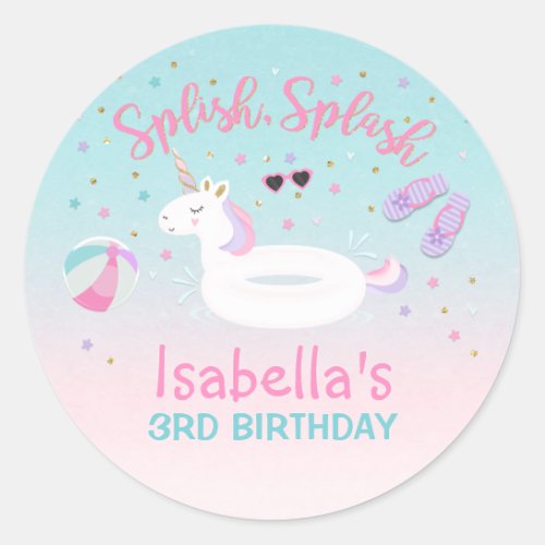 Unicorn Pool Party Favor Tag Sticker Pool Party