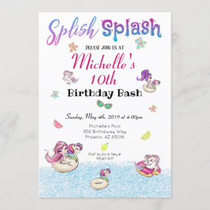 Unicorn Pool Party Glitter Girl Summer Birthday Invitation