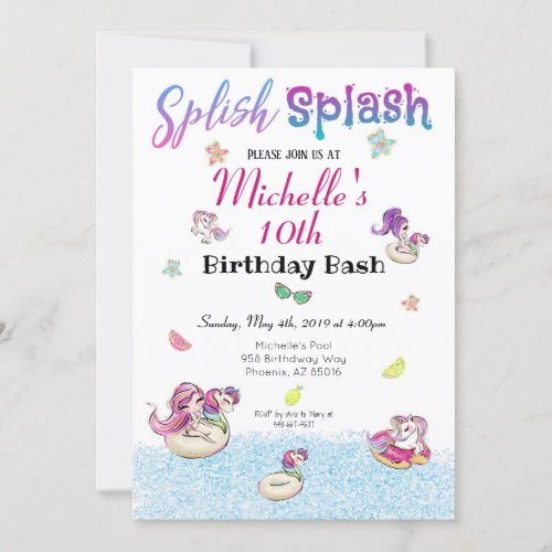 Unicorn Pool Party Glitter Girl Summer Birthday Invitation