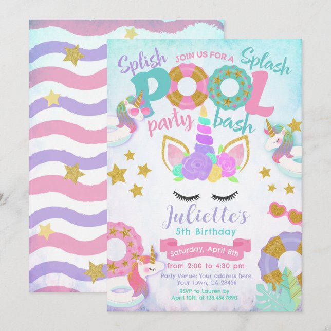 Unicorn Pool Party Invitation (Front/Back)