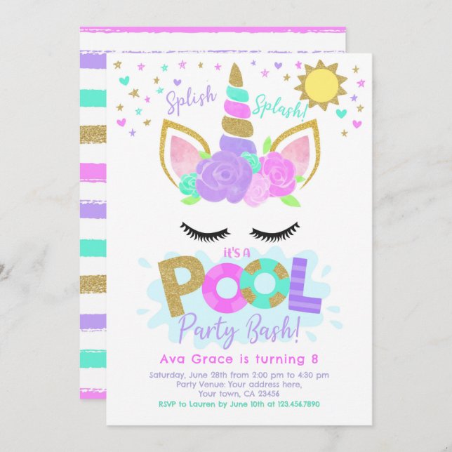 Unicorn Pool Party Invitation (Front/Back)