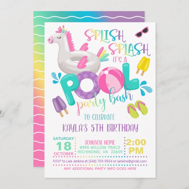 Unicorn Pool Party Invitation (Front/Back)