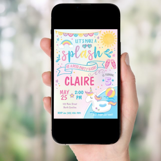 Unicorn Pool Party Invitation, Pool Bash Birthday Invitation (Front Digital)