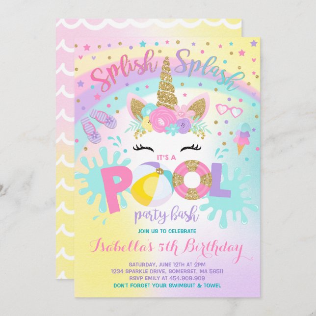 Unicorn Pool Party Invitation Pool Birthday Party (Front/Back)