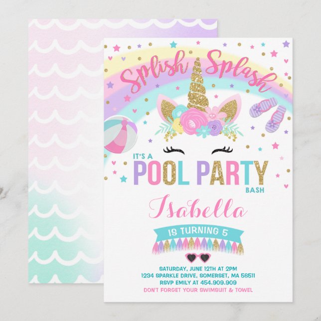 Unicorn Pool Party Invitation Pool Birthday Party (Front/Back)