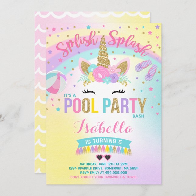 Unicorn Pool Party Invitation Pool Birthday Party (Front/Back)