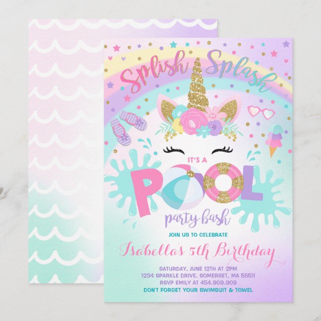 Unicorn Pool Party Invitation Pool Birthday Party (Front/Back)