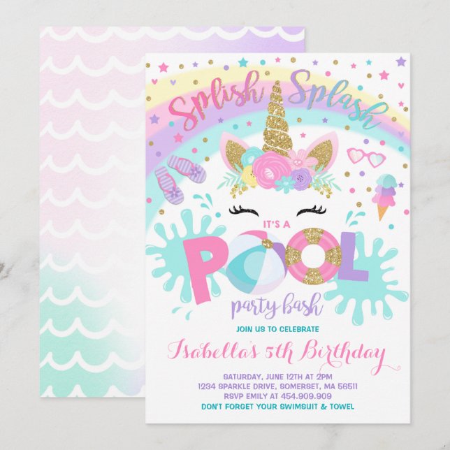 Unicorn Pool Party Invitation Pool Birthday Party (Front/Back)