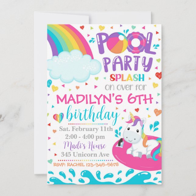 Unicorn Pool Party Invitation | Pool Party Invite (Front)