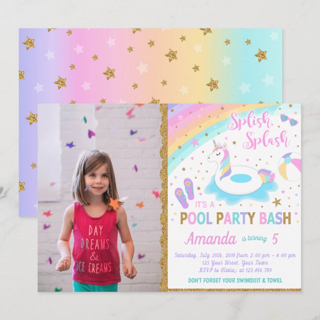 Unicorn Pool Party Photo Invitation Pink & Gold (Front/Back)