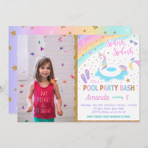Unicorn Pool Party Photo Invitation Pink  Gold