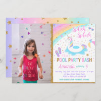 Unicorn Pool Party Photo Invitation Pink & Gold