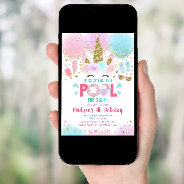 Unicorn Pool Party Pink Gold Birthday Invitation (Front Digital)