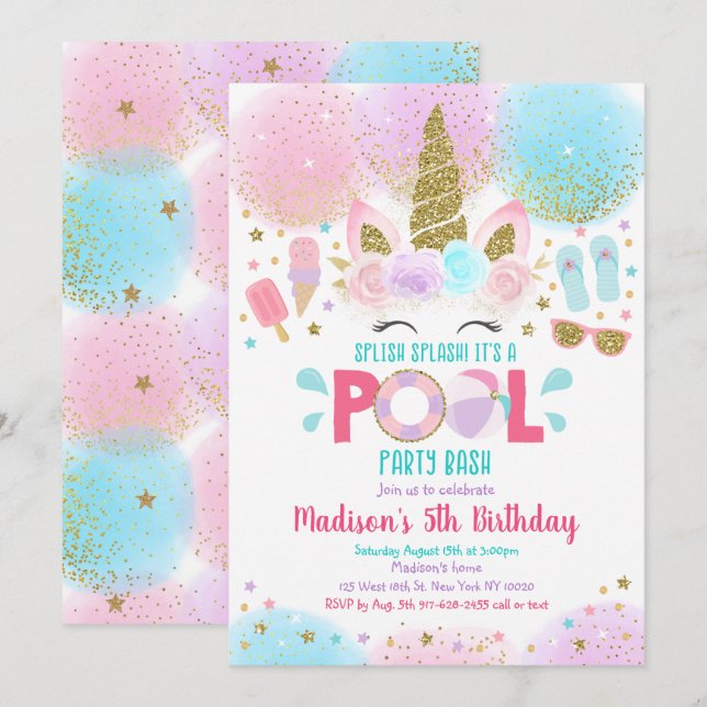 Unicorn Pool Party Pink Gold Birthday Invitation (Front/Back)