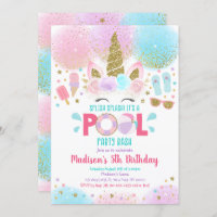 Unicorn Pool Party Pink Gold Birthday Invitation