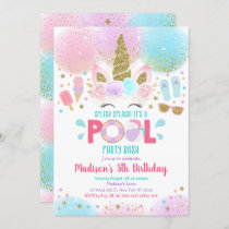 Unicorn Pool Party Pink Gold Birthday Invitation