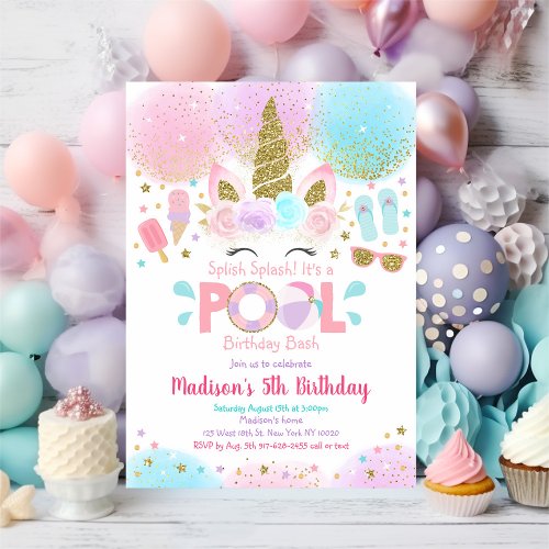 Unicorn Pool Party Pink Gold Birthday Invitation