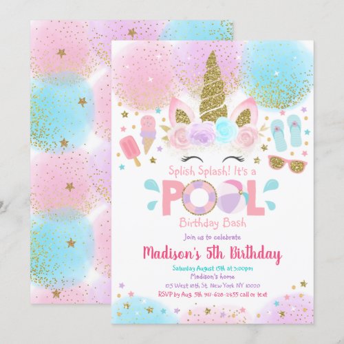 Unicorn Pool Party Pink Gold Birthday Invitation