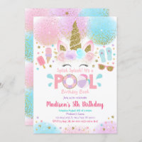 Unicorn Pool Party Pink Gold Birthday Invitation