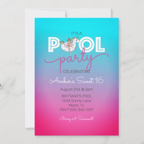 Unicorn Pool Party Summer Sweet 16 Birthday Party Invitation