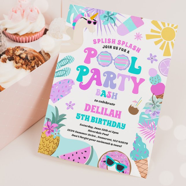 Unicorn Pool Party Tropical Summer Pool Birthday Invitation (Creator Uploaded)