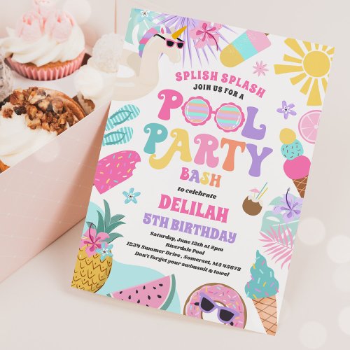 Unicorn Pool Party Tropical Summer Pool Birthday Invitation
